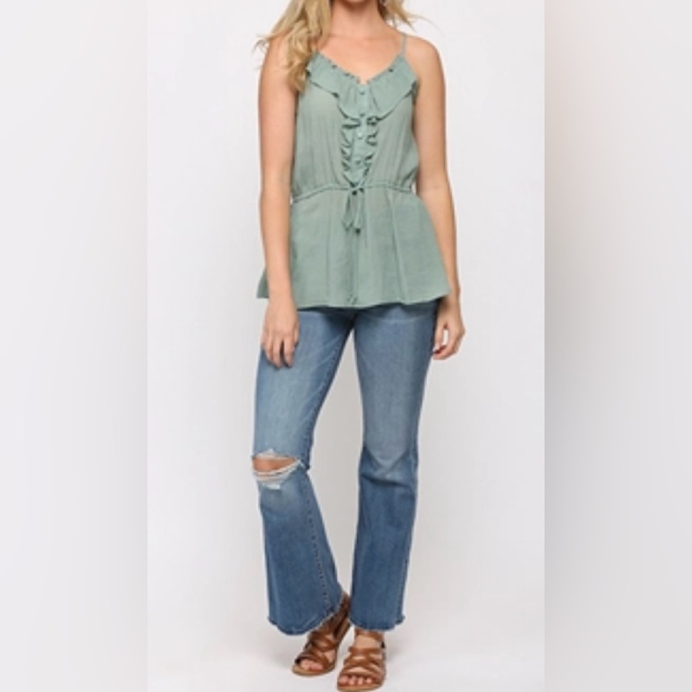 Solid Textured and Button Detail Ruffle Cami Top - Picture 1 of 5